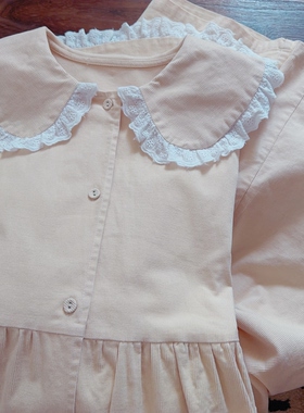 高品质 复古鹅黄色 灯芯绒休闲慵懒风 禅意风娃娃领长袖连衣裙