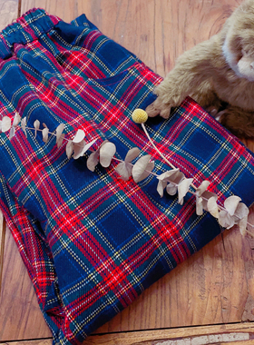 rom2毛呢料 复古森系 个性藏蓝色苏格兰格子学院风松紧腰休闲长裤