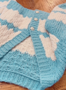 rom2高品质 慵懒风 休闲灯笼袖 蓝色宽松毛衣 厚针织毛线开衫外套