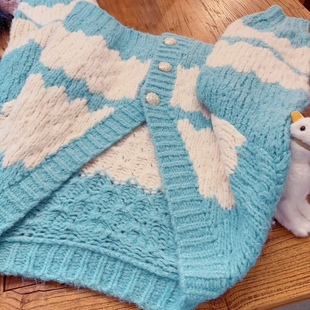 厚针织毛线开衫 rom2高品质 蓝色宽松毛衣 休闲灯笼袖 外套 慵懒风