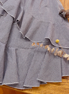 rom2品质样裙 复古黑色格子 森女田园风设计感荷叶边松紧腰半身裙