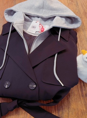 rom2高品质 配腰带 假两件 连帽黑色休闲风衣外套