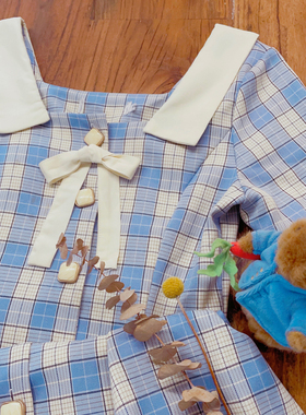 rom2温柔蓝色格子 学院风 白色翻领可爱减龄 修身显瘦短袖连衣裙