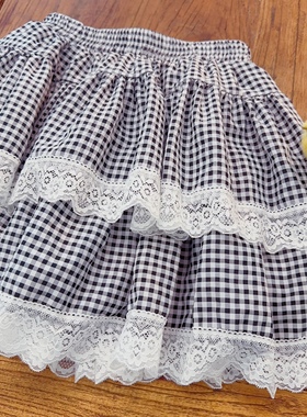rom2防走光 甜美蕾丝荷叶边 黑色格子松紧腰 蓬蓬蛋糕裙半身短裙