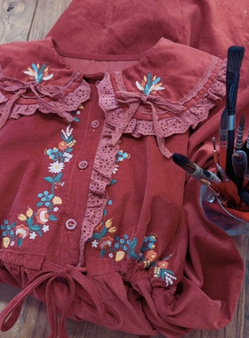 有口袋 重工刺绣提花 腰部抽绳可收腰 灯芯绒田园风中长款连衣裙