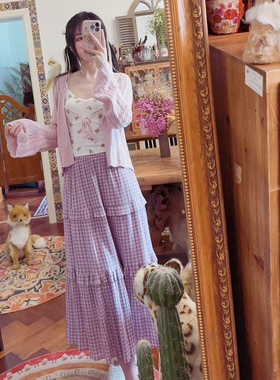 rom2高品质 森系氛围感 温柔灰紫色格子 松紧腰显瘦中长款半身裙