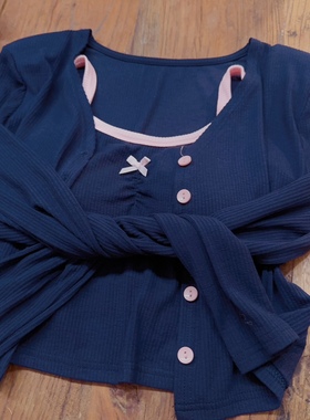 rom2吊带+外套 两件套 带胸垫复古藏蓝色学院风短款针织开衫套装