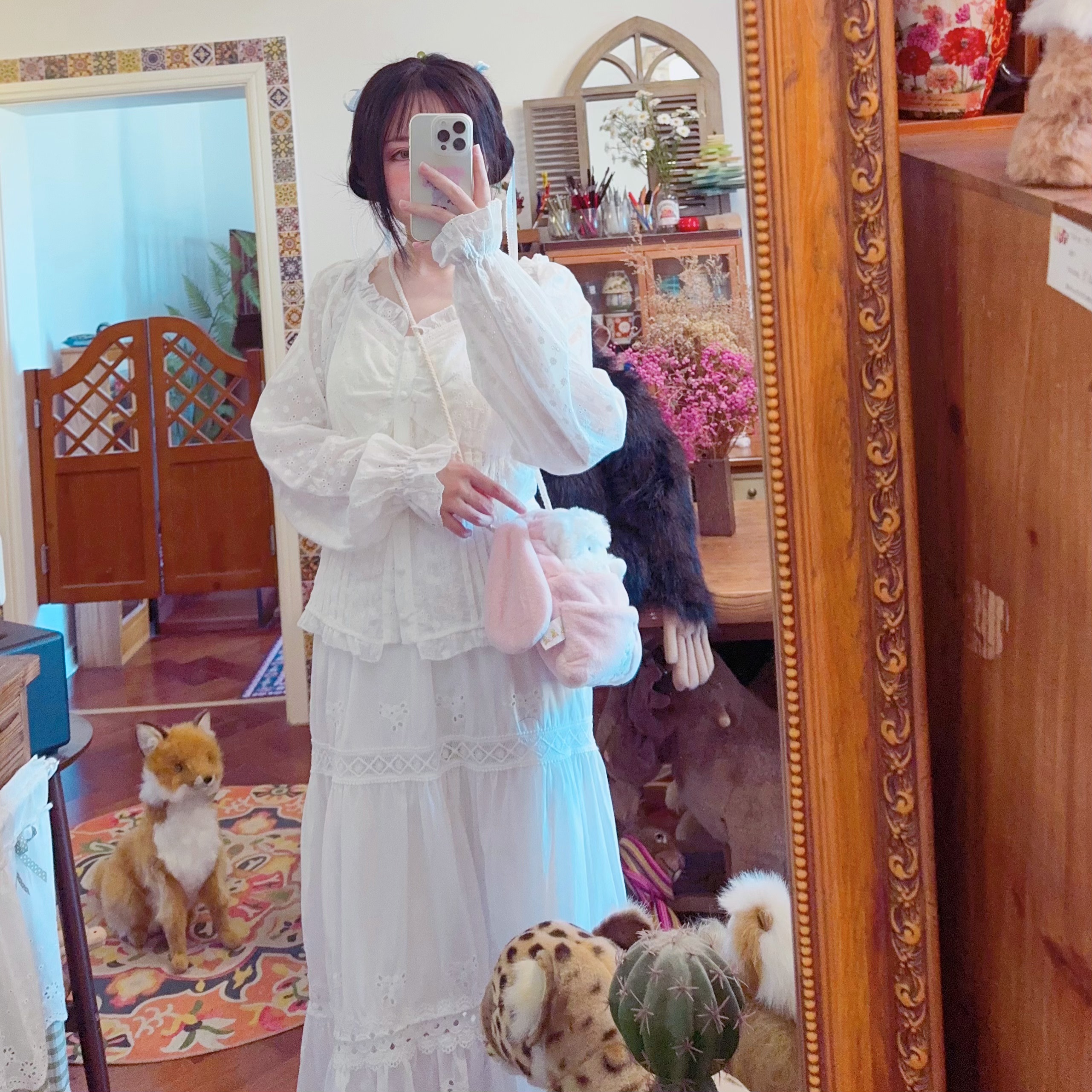 rom2刺绣提花面料 森女田园风 法式风琴褶 宫廷风白色长袖衬衫