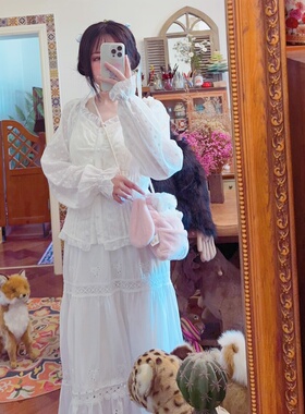 rom2刺绣提花面料 森女田园风 法式风琴褶 宫廷风白色长袖衬衫