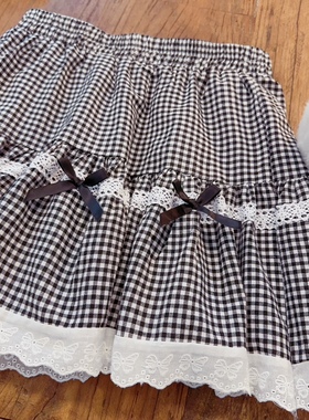 rom2高品质 内衬是裤子 森女田园风 黑色格子蝴蝶结松紧腰半身裙