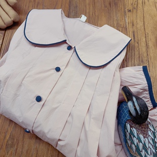 rom2高品质 复古栗色 学院风森女娃娃领 法式风琴褶 打底长袖衬衫