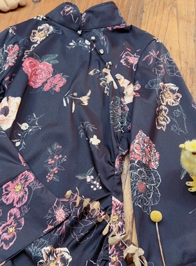 rom2修身甜辣风 喇叭袖 国风复古黑色印花 改良汉服旗袍连衣裙