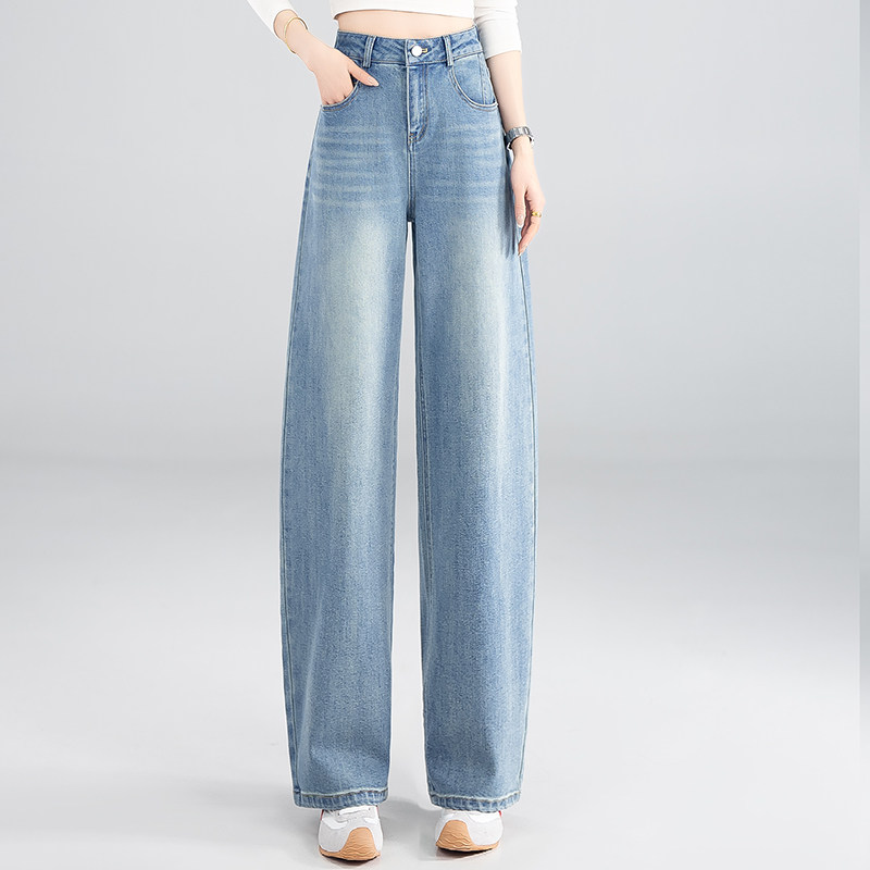 高腰浅色阔腿裤牛仔裤女春季2026年新款宽松显瘦垂感直筒拖地裤子