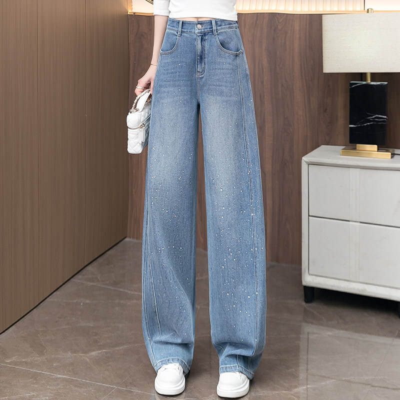 流行百搭烫钻窄版牛仔阔腿裤女2026春夏新款高腰显瘦休闲直筒裤子