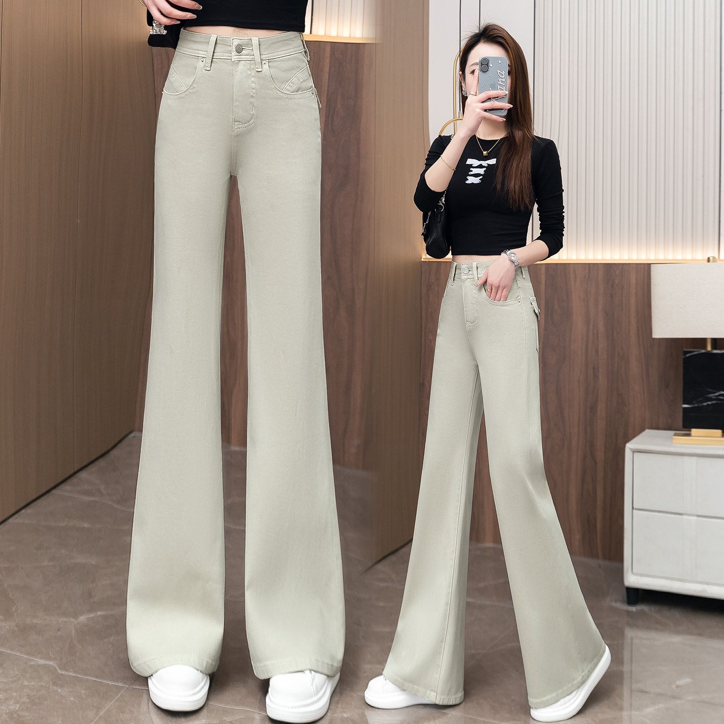 卡其色微喇西装裤女春秋新款高腰垂感休闲阔腿裤小个子直筒喇叭裤