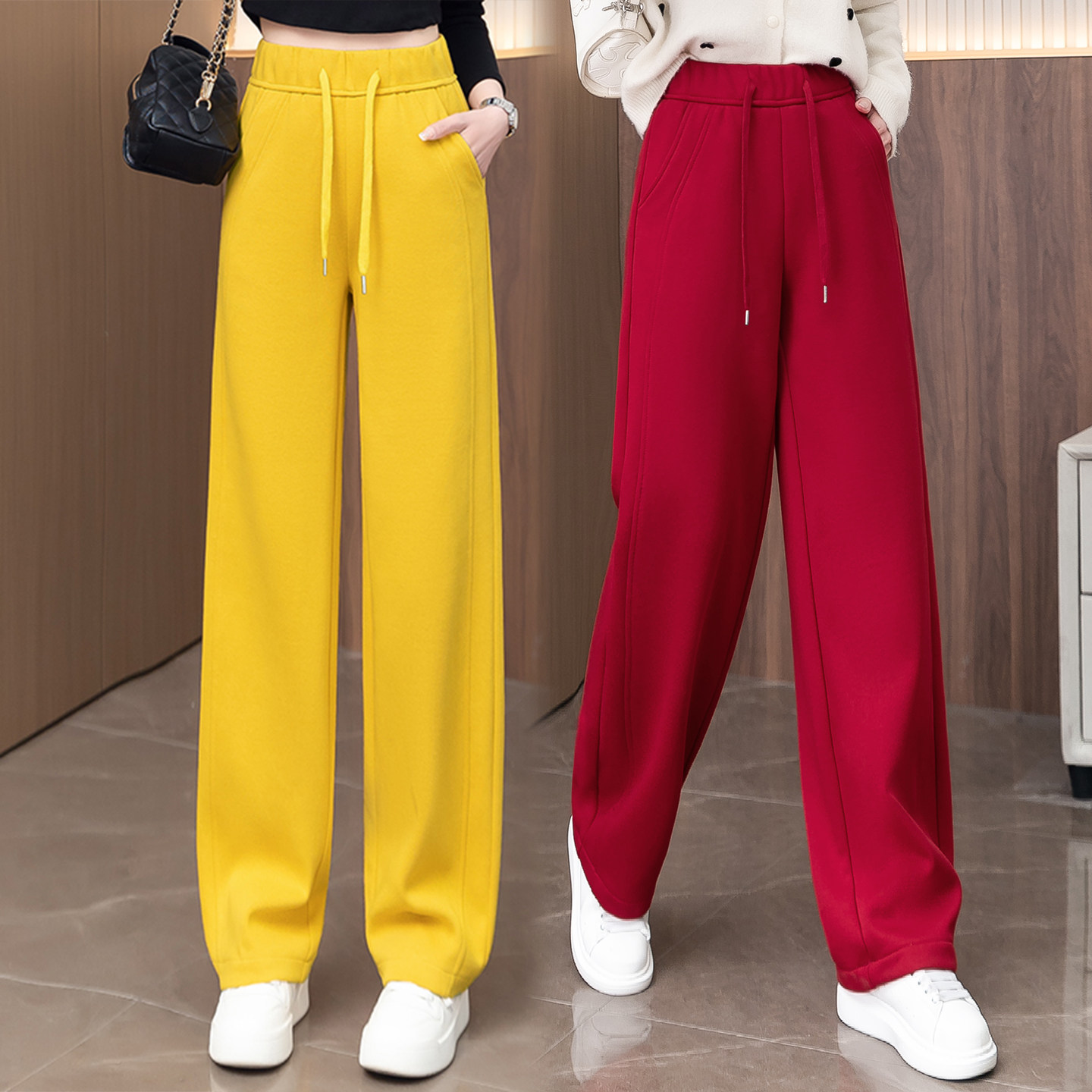 2026新款红色弯刀裤女秋冬加绒加厚高腰垂感阔腿裤显瘦遮肉直筒裤,女装/女士精品,休闲裤,淘宝优惠券,粉丝福利购,淘宝优惠卷