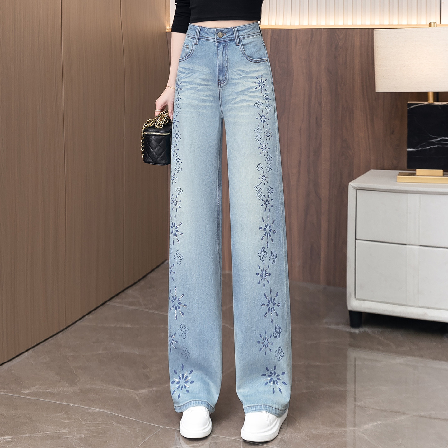 浅色弯刀阔腿牛仔裤女 2026春季新款 高腰宽松显瘦垂坠感直筒裤子