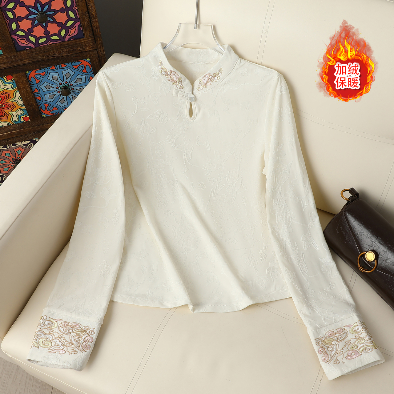 新中式国风立领盘扣刺绣打底衫女