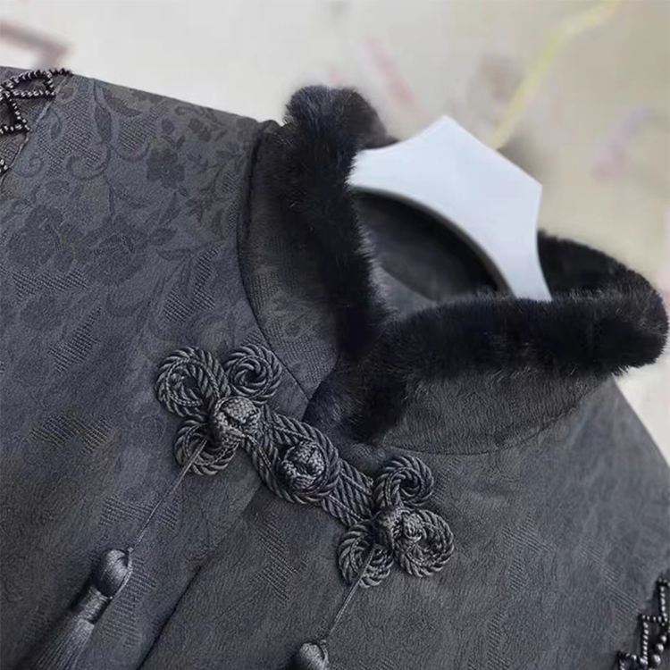 宋锦秋冬中式中长款棉衣外套女