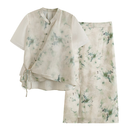 夏季新款中式汉服裙两件套装斜襟唐装改良旗袍上衣禅意茶服日常女