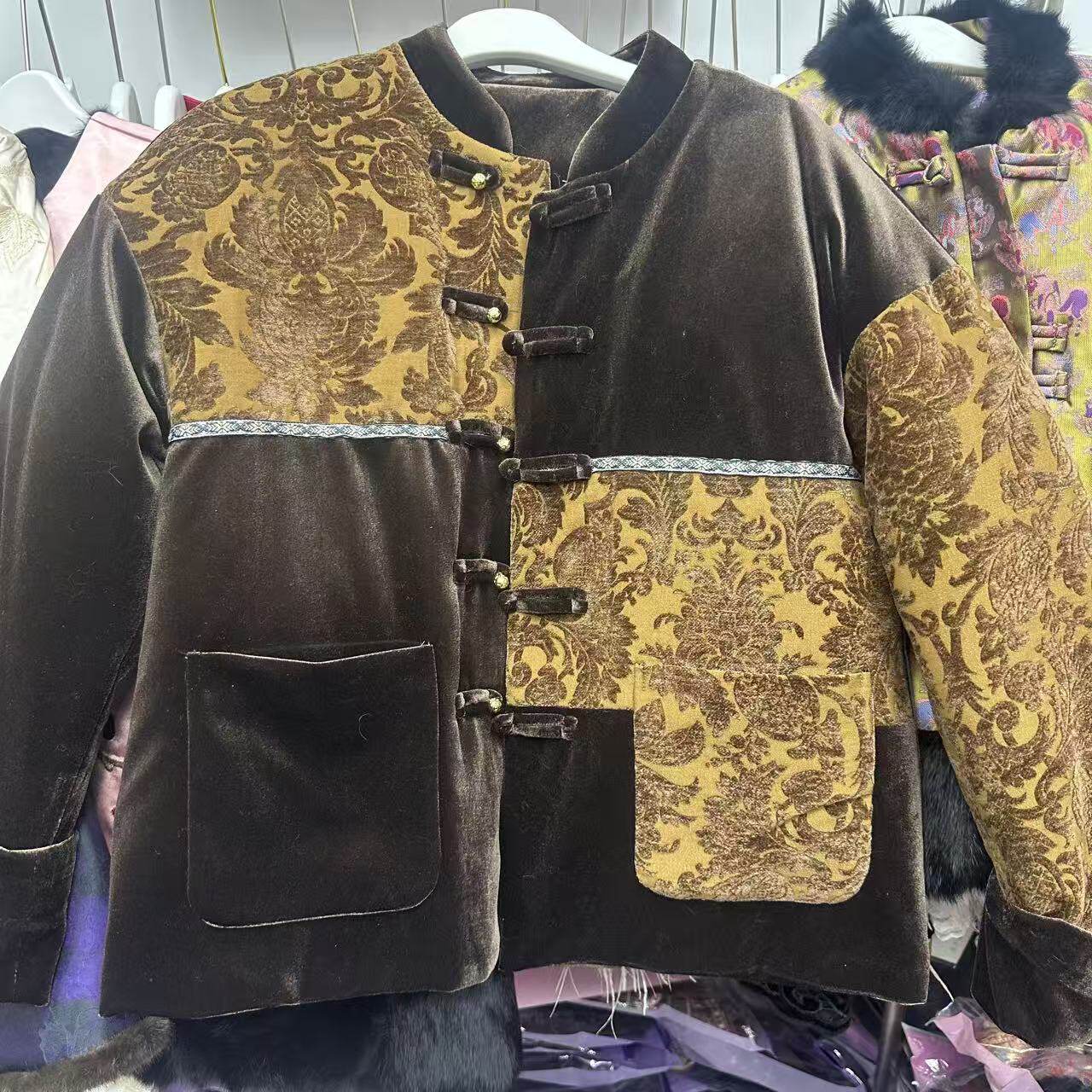 国风盘扣丝绒拼接植绒提花棉外套