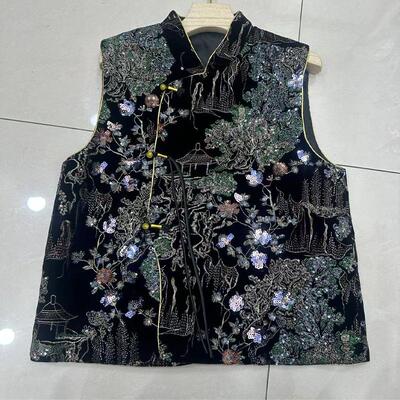 国风满绣亭台楼阁新中式亮片马夹