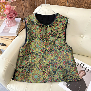 早春新中式国风复古织锦提花马甲女双面双穿圆领百搭显瘦气质马夹