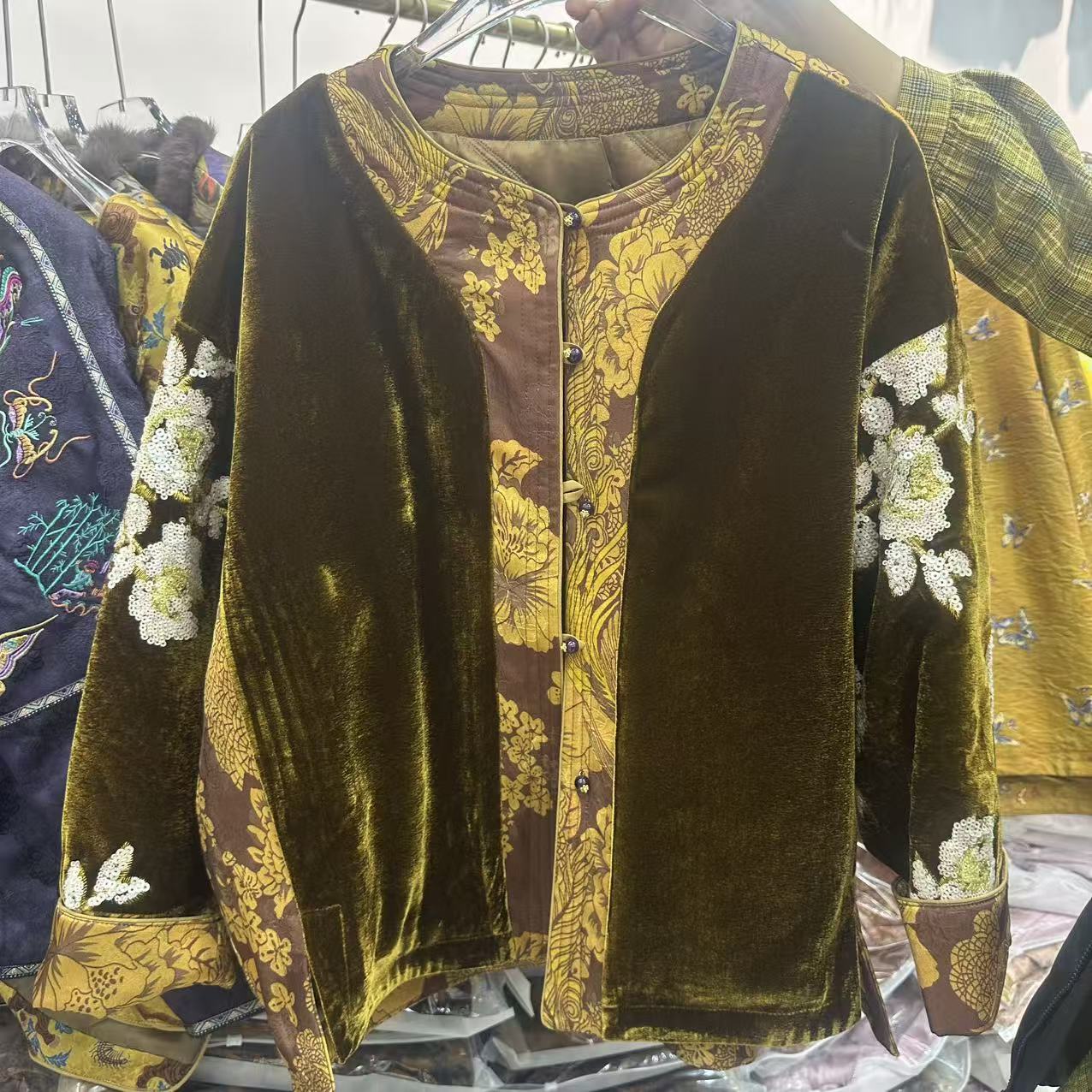 中式老钱风亮片落肩显瘦棉服外套