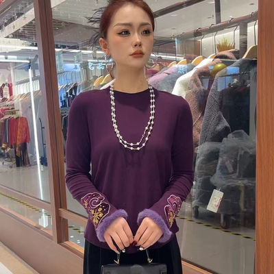 新中式国风圆领毛边刺绣德绒上衣女秋冬款长袖加绒气质打底衫内搭