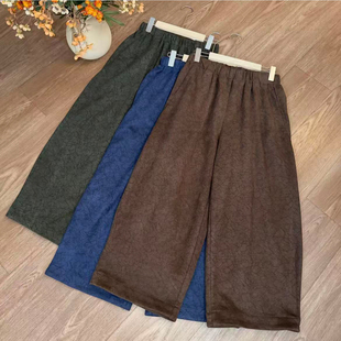 新中式百搭鹿皮绒休闲裤子女士春秋款阔腿裤复古绒绒裤显瘦九分裤