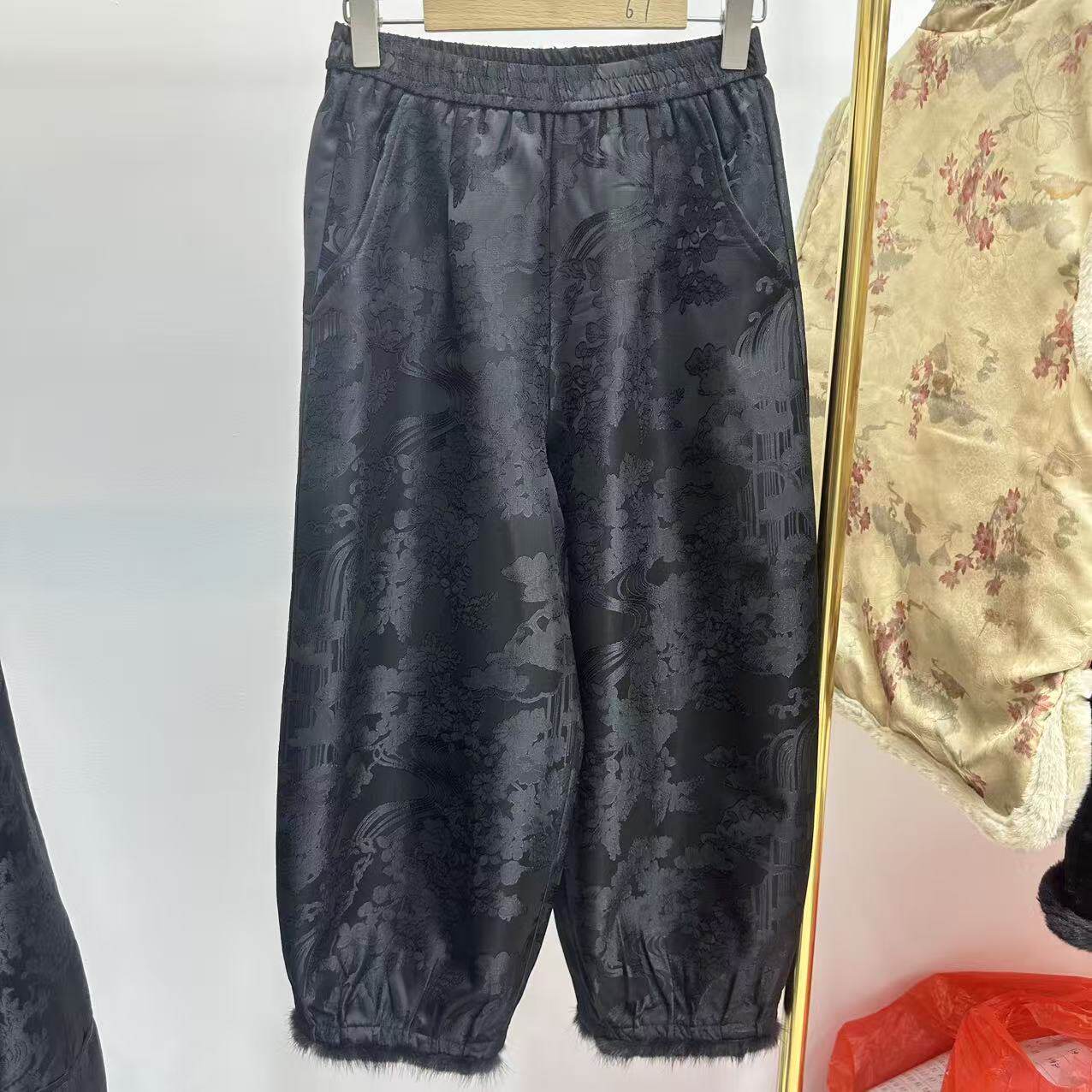 冬季新中式复古提花加绒小脚裤女