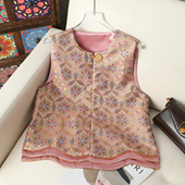 新中式 圆领减龄显瘦坎肩上衣 中国风复古宋锦提花马甲女2026春季