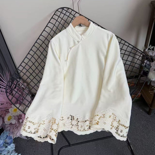 秋冬新中式复古立领打底衫加绒加厚国风丝绒保暖女士镂空刺绣上衣