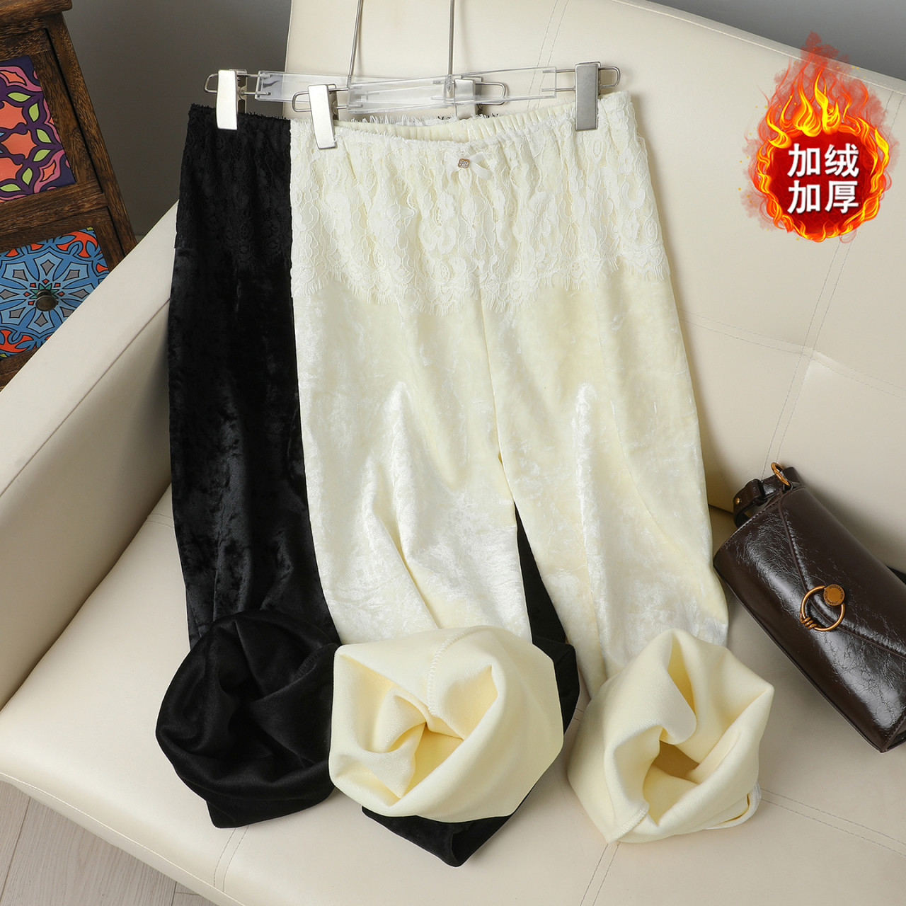 国风丝绒秋冬加绒厚直筒裤休闲裤