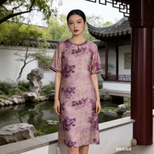 新中式国风圆领复古连衣裙女士夏装中袖高腰宽松气质优雅旗袍裙子