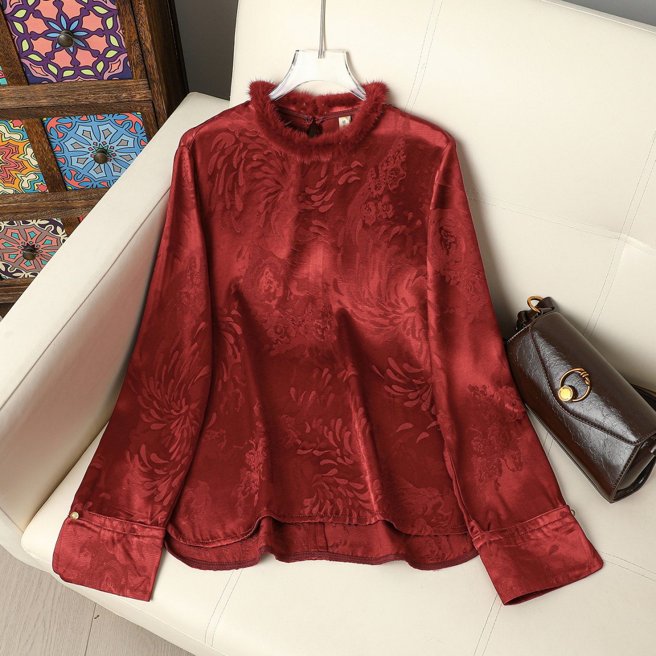 2025冬季新中式提花毛领打底上衣