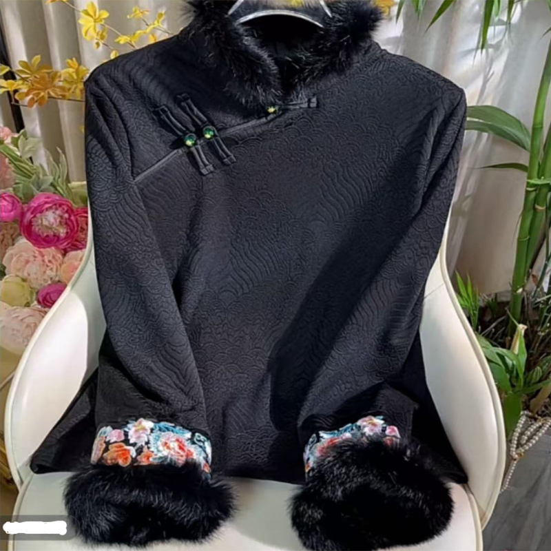 懒兔毛领中式保暖内搭打底衫