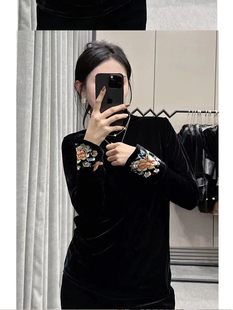 秋冬女士t恤上衣马蹄袖丝绒打底衫加厚长袖刺绣保暖t恤