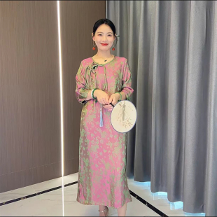 连衣裙新中式 重磅改良宋锦提花中长款 轻奢复古优雅裙子 新款 夏季