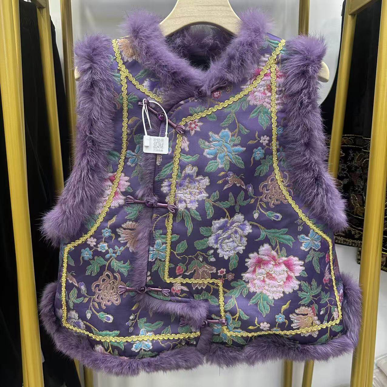 新中式复古提花真毛冬季夹棉马夹