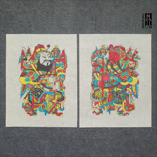 武强年画传统手工木版清代古版年画神荼郁垒戳立锤门神木板年画