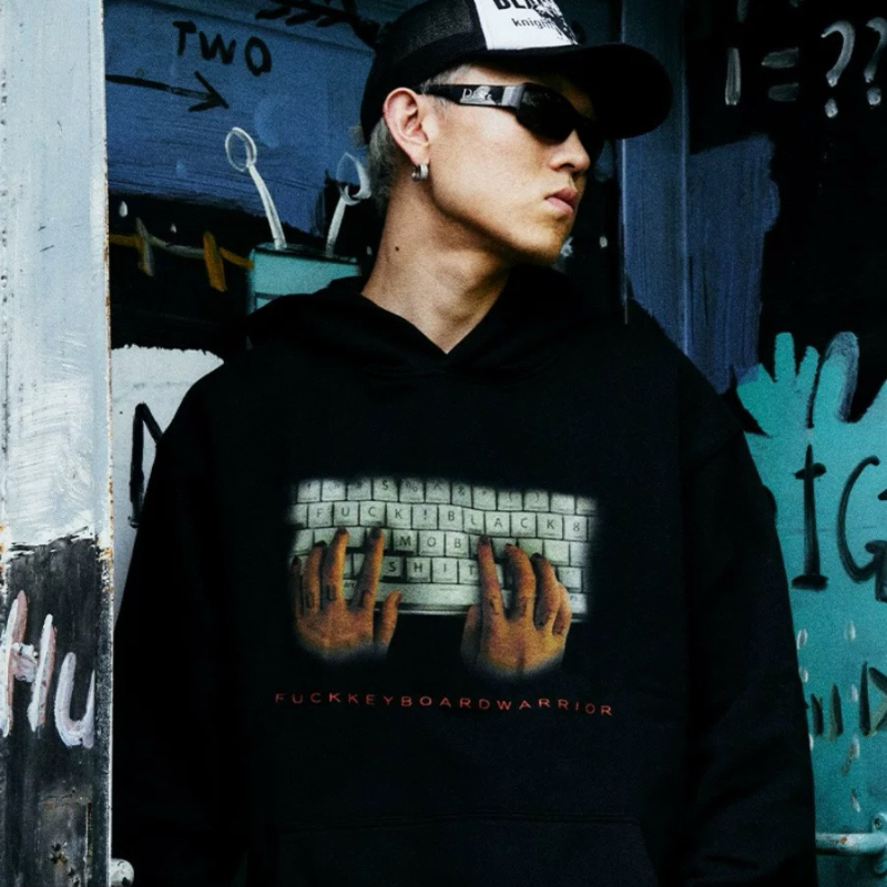 【BLACK8MOB】2025FW键盘侠印花美式宽松潮牌套头连帽卫衣男女