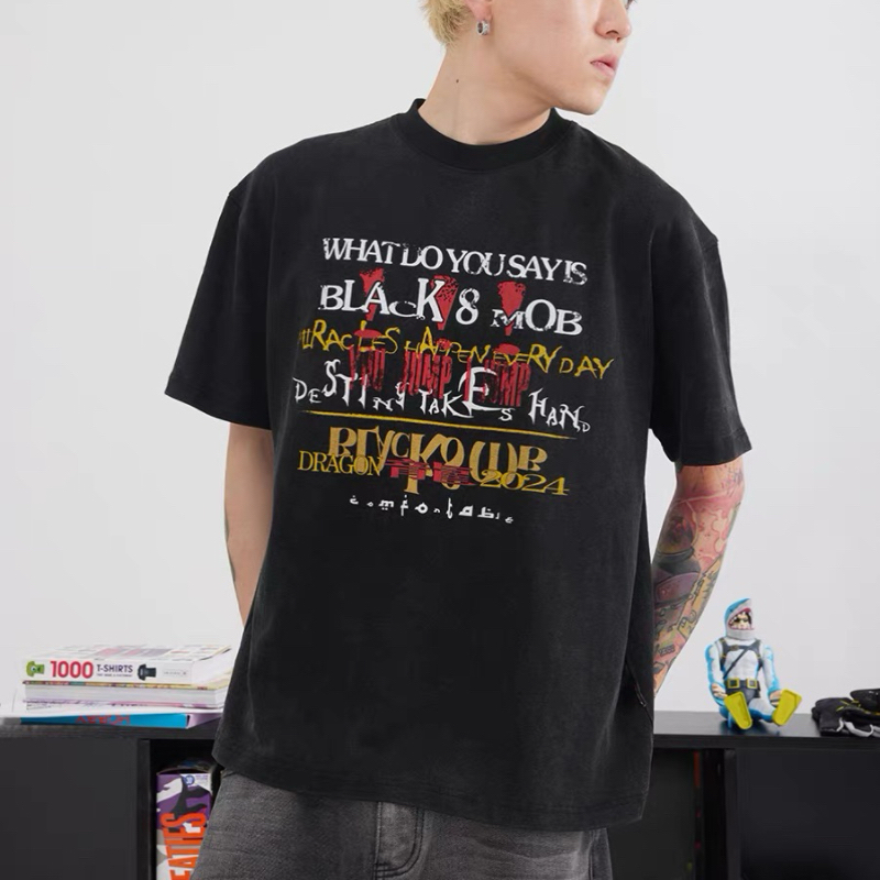【BLACK8MOB】2025SS美式复古潮牌撞色涂鸦字母水洗做旧短袖T恤潮