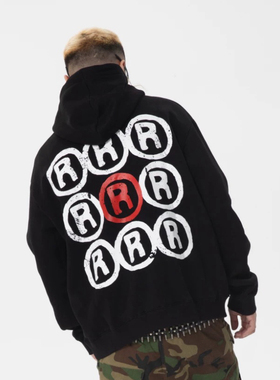 RTVG春秋冬新款时尚街头潮3R男女基础百搭加绒帽衫套头连帽卫衣黑