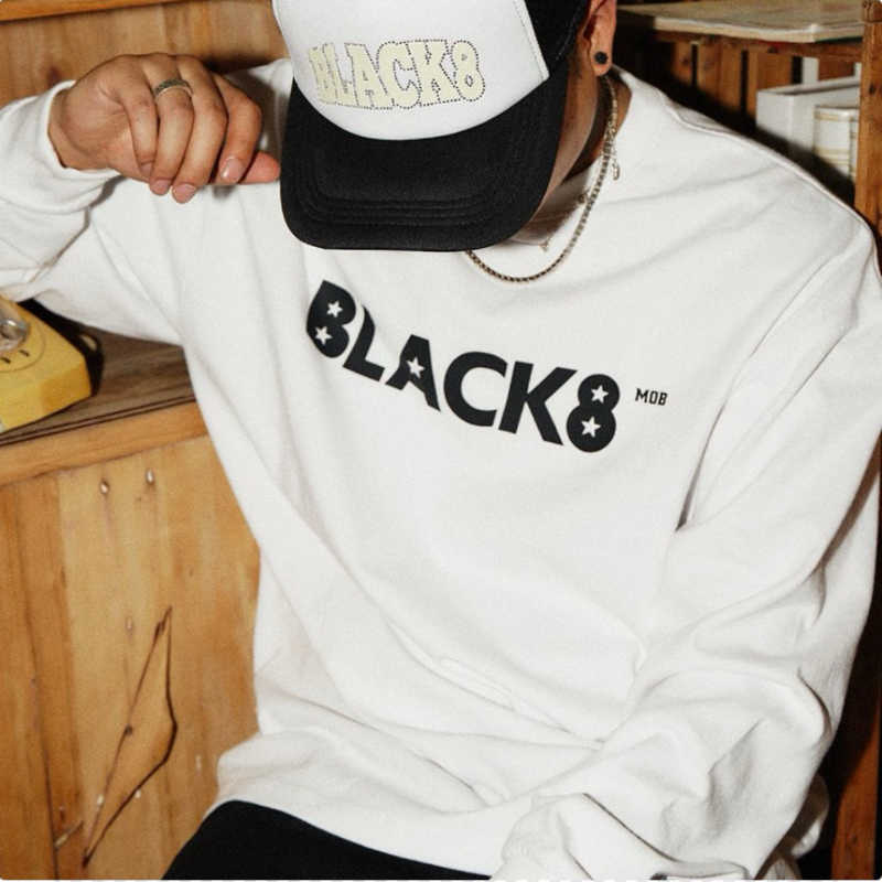 重磅BLACK8MOB基础款纯棉打底衫圆领宽松纯棉长袖T恤男女同款国潮