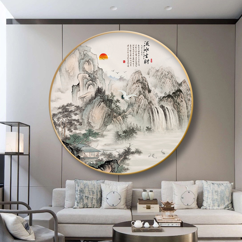 现轻奢新中式装饰画圆形山水入户玄关客厅背景墙壁画茶室餐厅挂图片