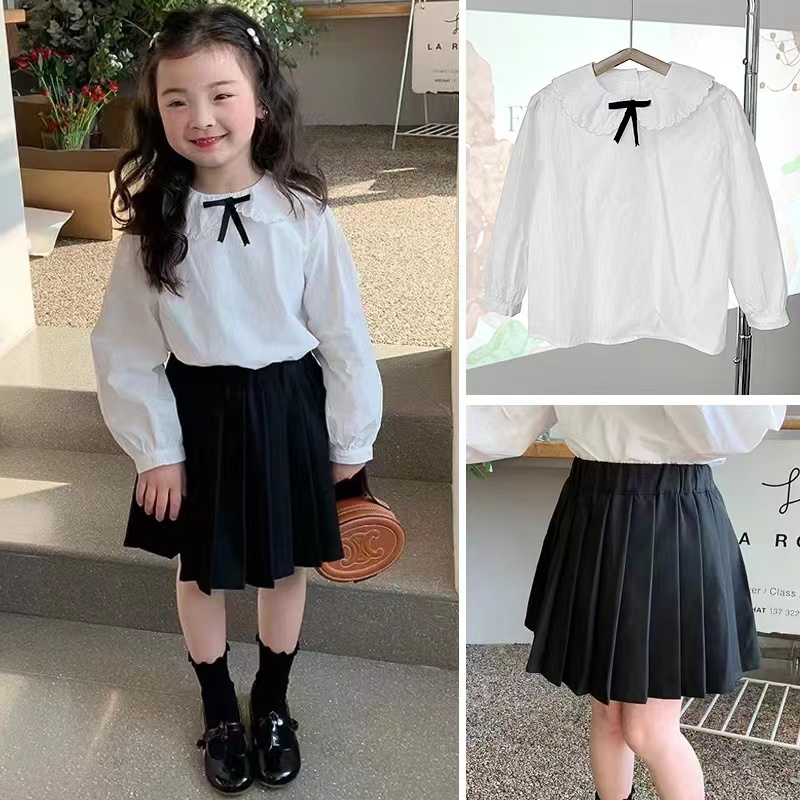 25年新款女童圆领白衬衫百褶裙套装中小童韩版纯色长袖衬衫黑裙子