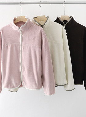 女士简约通勤百搭保暖立领拉链摇粒绒短外套开衫