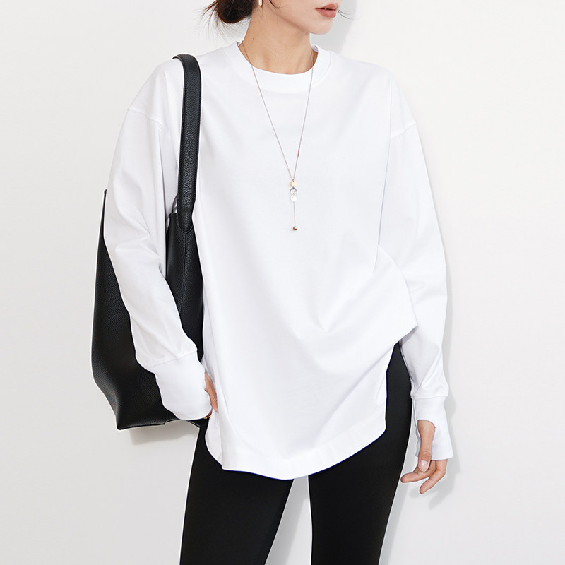 Decemarch宽松大T恤女纯棉 遮盖屁股搭配瑜伽裤高克重水洗棉长袖