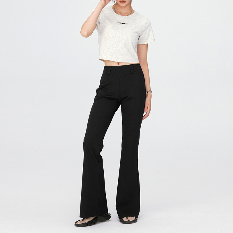 Decemarch春季修身弹力高腰喇叭裤 显瘦显腿长小黑裤休闲长裤黑色